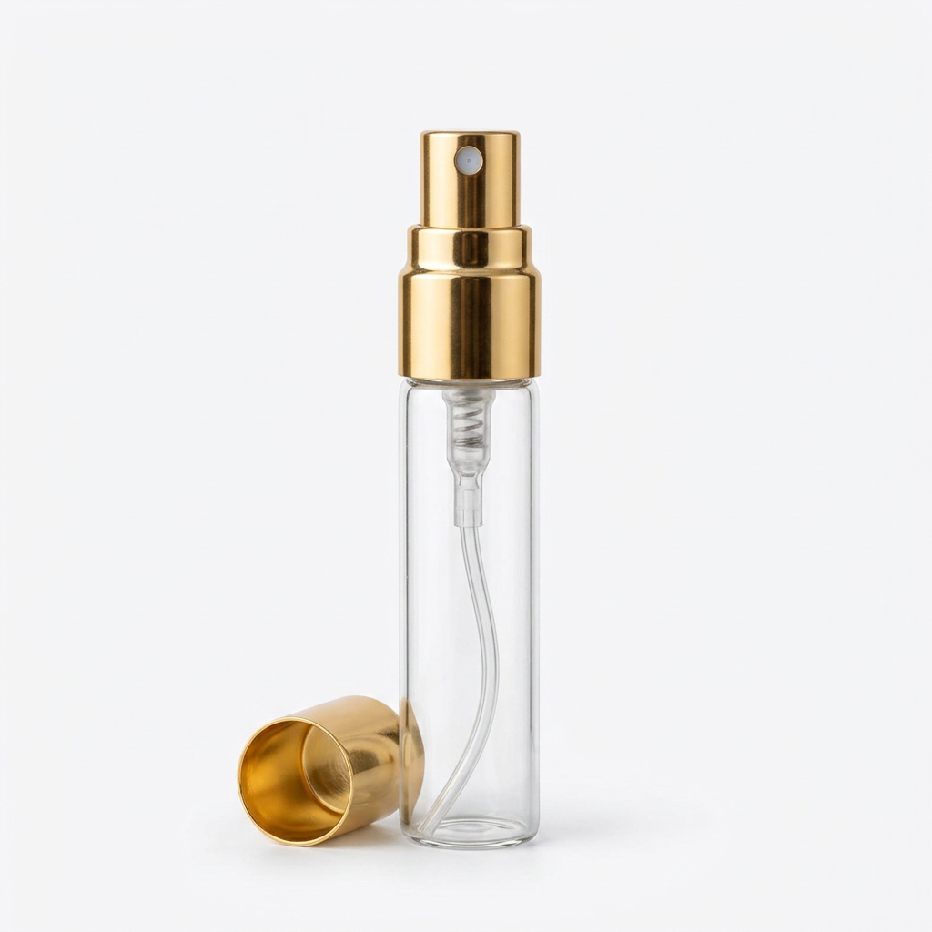 5 ml tester şişesi, sprey başlığı ve çıkarılmış altın renkli kapağı
