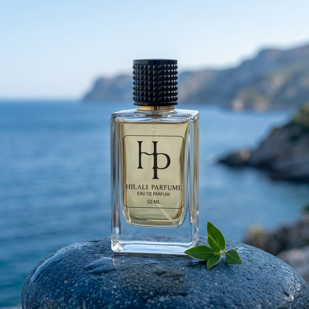 Mavi deniz ve koyu taş önünde Hilali 50 ml parfüm şişesi