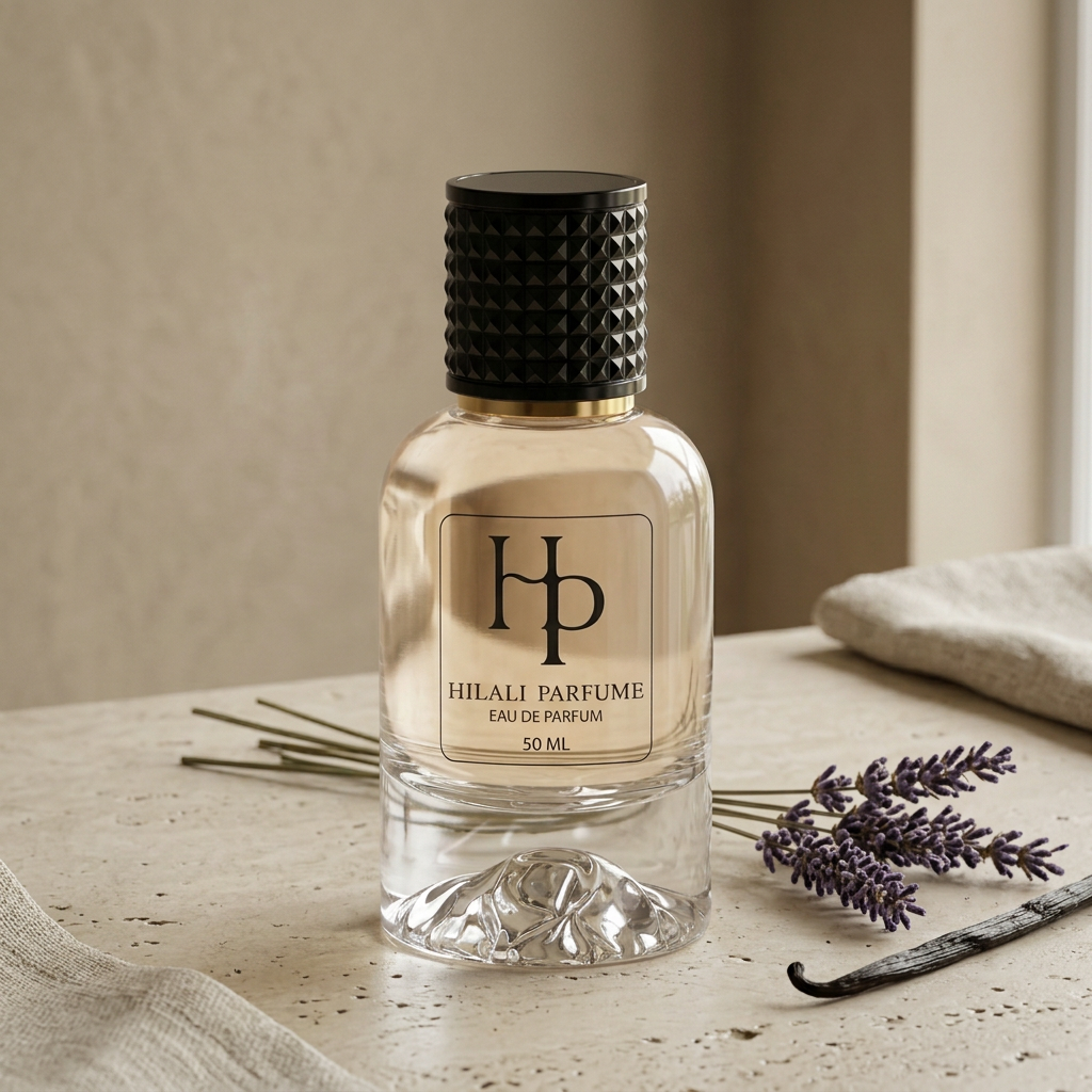 Hilali Goddess EDP muadili parfüm, Dağ şişede lavanta ve vanilya temalı doğal ışıklı sahne
