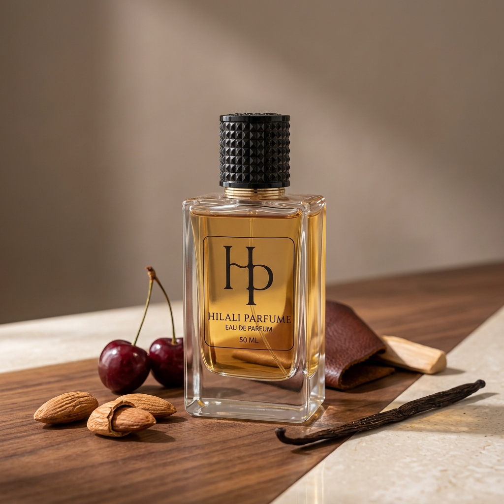Badem, vişne, vanilya ve deri dokusu eşliğinde Hilali 50 ml parfüm şişesi; koku akorlarını temsil eden kompozisyon