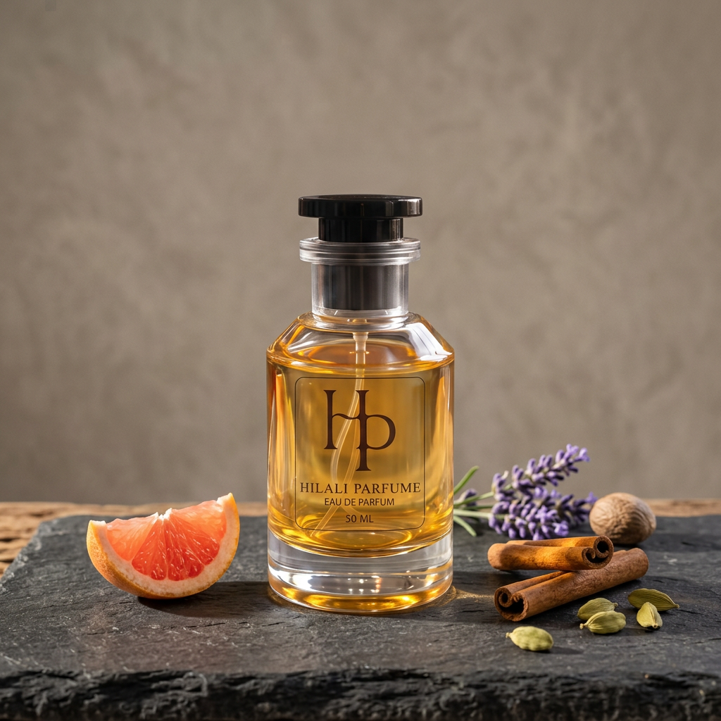 Greyfurt, lavanta, tarçın, muskat ve kakule eşliğinde Hilali 50 ml parfüm şişesi; referans koku notalarını temsil eden sahne