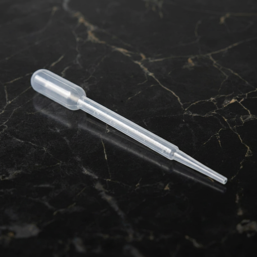 Tek adet 3 ml plastik Pastör pipeti, siyah mermer üzerinde doğal ürün fotoğrafı